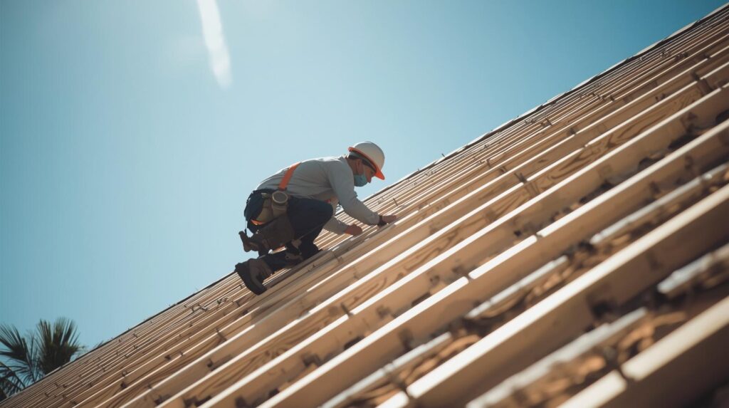 génère moi des images très claires et sans aucun ombre montrant un couvreur en train de faire la charpenterie sur un toit. (1)